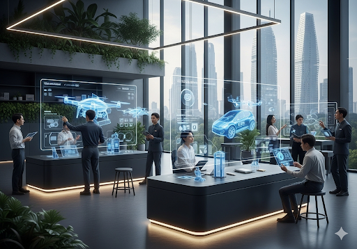 01. Studio desain futuristik di mana AI menghasilkan prototipe produk yang kompleks di layar holografik besar