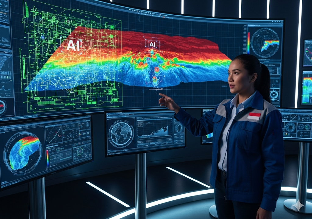 01. Visualisasi data seismik 3D yang kompleks, dengan algoritme AI yang menyoroti potensi cadangan minyak dan gas