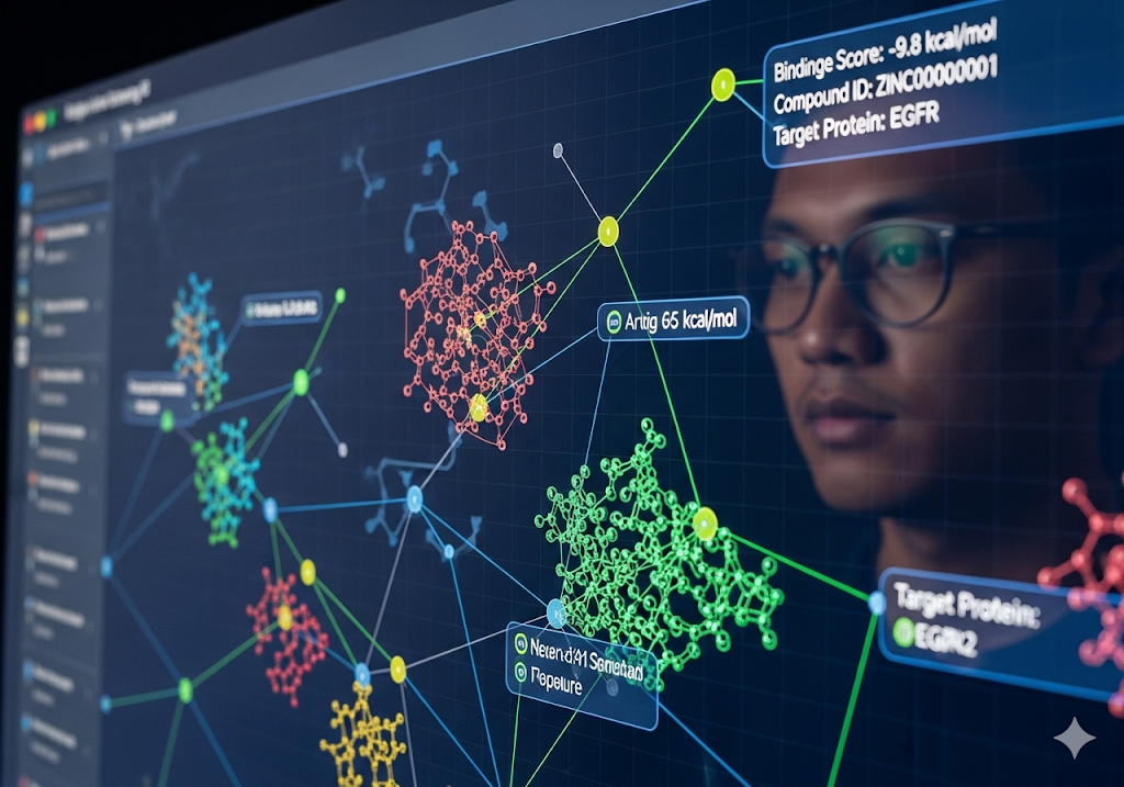 02. Algoritme AI yang melakukan penyaringan virtual senyawa obat, dengan grafik jaringan yang kompleks dan model molekul