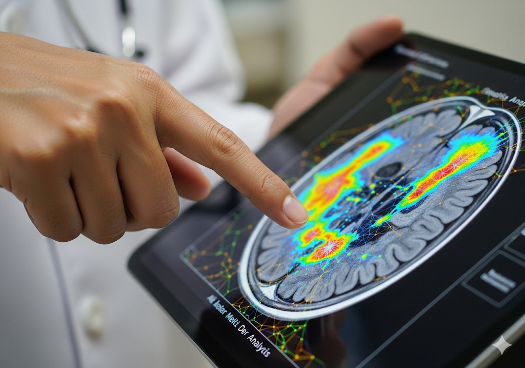 02. Analisis gambar medis yang dihasilkan AI, dengan pola jaringan saraf yang rumit ditumpangkan pada pemindaian organ manusia