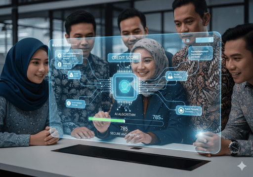02. Antarmuka digital yang menunjukkan skor kredit sedang dihitung oleh algoritma AI