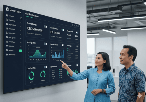 02. Dasbor bertenaga AI yang menampilkan data keuangan real-time dan metrik operasional untuk koperasi