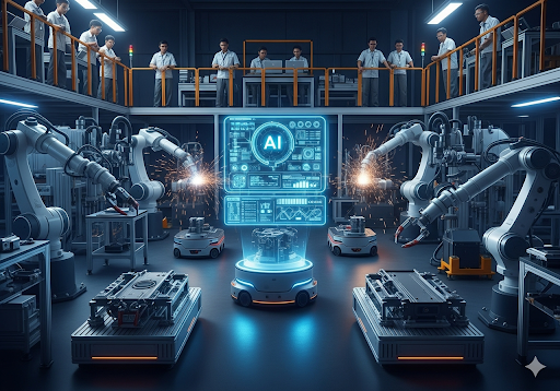 02. Lantai pabrik otomatis dengan robot bertenaga AI yang melakukan tugas manufaktur presisi, diawasi oleh sistem kontrol AI pusat