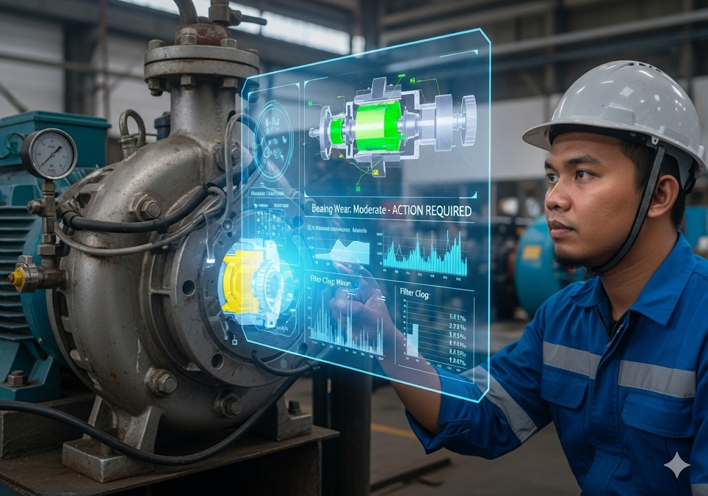 02. Memeriksa pompa industri besar, dengan hamparan holografik yang menunjukkan peringatan pemeliharaan prediktif dan status kesehatan internal pompa.
