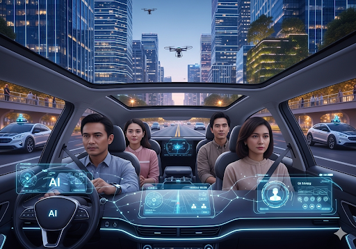 02. Mobil otonom futuristik yang ramping mengemudi di jalan kota pintar, dengan antarmuka AI yang terlihat di dasbor