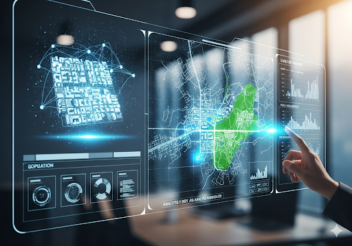 02. Peta berteknologi tinggi pada layar transparan menampilkan data topografi dan tata kota yang detail, dengan hologram blok kota