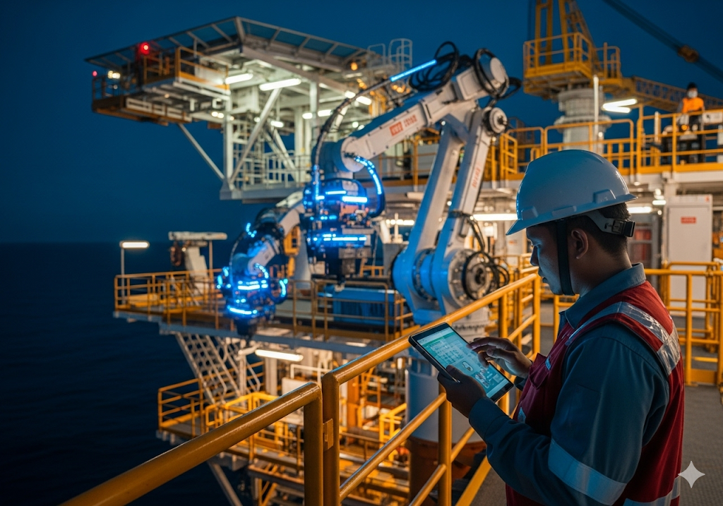 02. Sebuah anjungan minyak otomatis beroperasi secara efisien di malam hari, dengan sensor dan lengan robot yang menyala