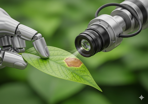 02. Sebuah bidikan close-up yang hiper-realistis dari lengan robotik dengan kamera yang memindai daun