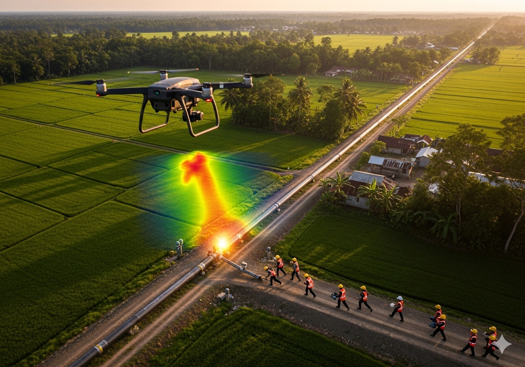 02. Sebuah drone terbang di atas pipa di lanskap yang luas, menggunakan pencitraan termal untuk mendeteksi kebocoran kecil yang menyala