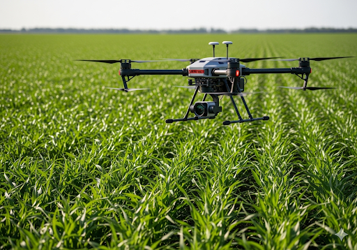 02. Sebuah drone terbang rendah di atas ladang, mengambil gambar tanaman yang subur dan sehat