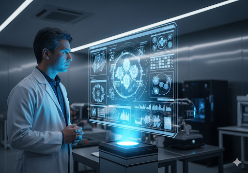 02. Sebuah sistem AI menampilkan desain eksperimental yang dioptimalkan dan hasil simulasi pada antarmuka holografik