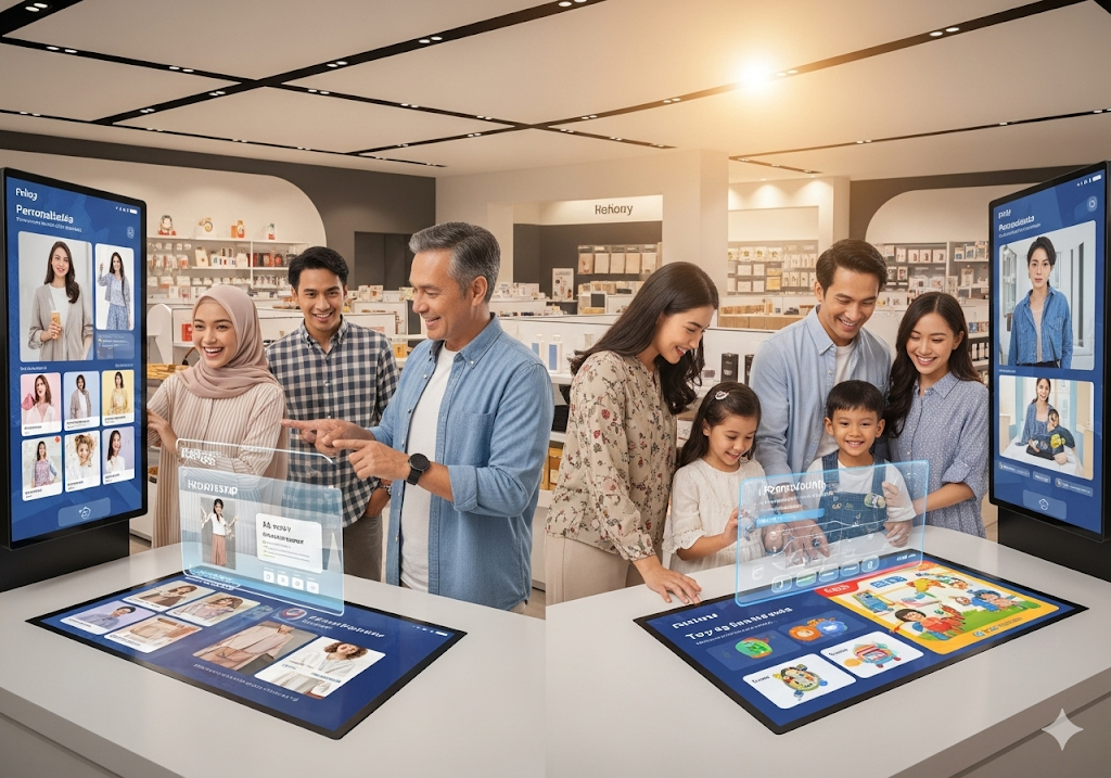 02. Sekelompok pelanggan yang beragam dan bahagia berinteraksi dengan antarmuka digital yang dipersonalisasi