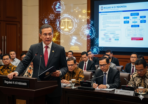 02. Seorang ahli hukum mempresentasikan dokumen regulasi AI yang kompleks kepada sekelompok pembuat kebijakan dan pemimpin industri