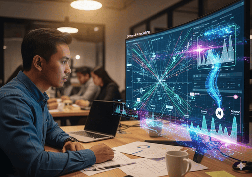02. Seorang ilmuwan data menganalisis model peramalan permintaan yang kompleks di layar besar