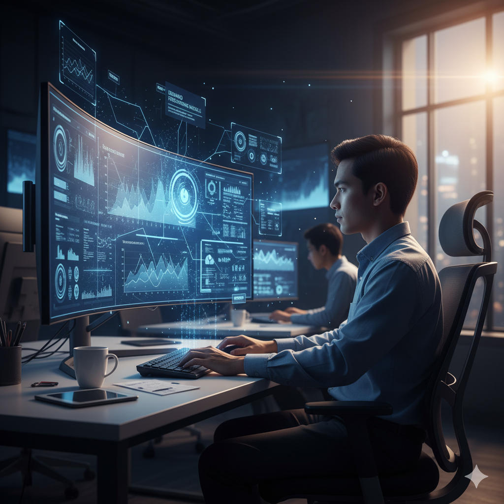 02. Seorang ilmuwan data menganalisis model peramalan permintaan yang kompleks di layar besar