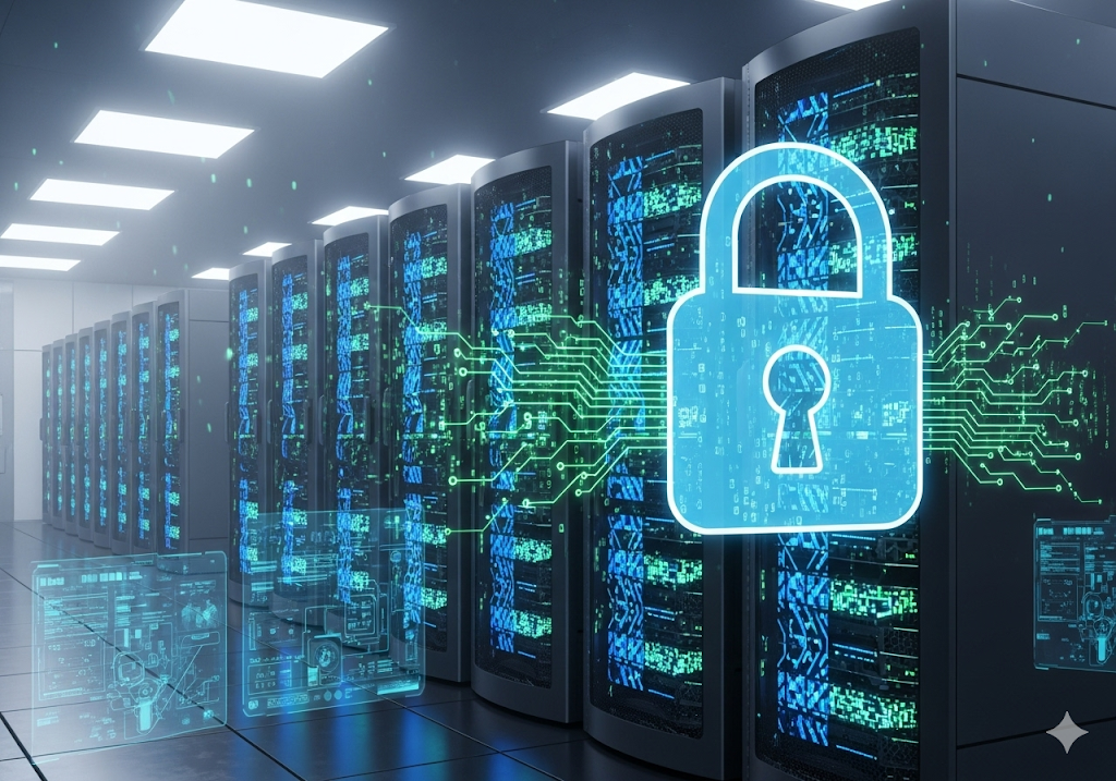 02. Server yang bersinar dan ikon kunci digital, yang melambangkan perlindungan data medis yang sensitif