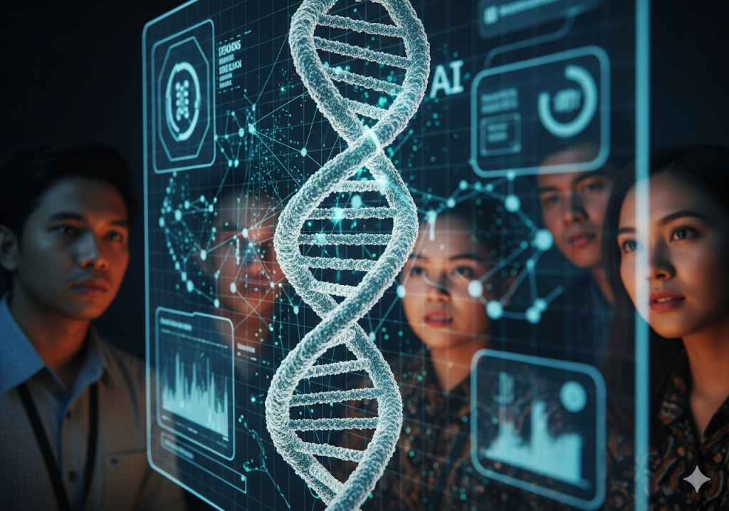 02. Struktur heliks ganda DNA yang dianalisis oleh algoritma AI pada antarmuka komputer futuristik