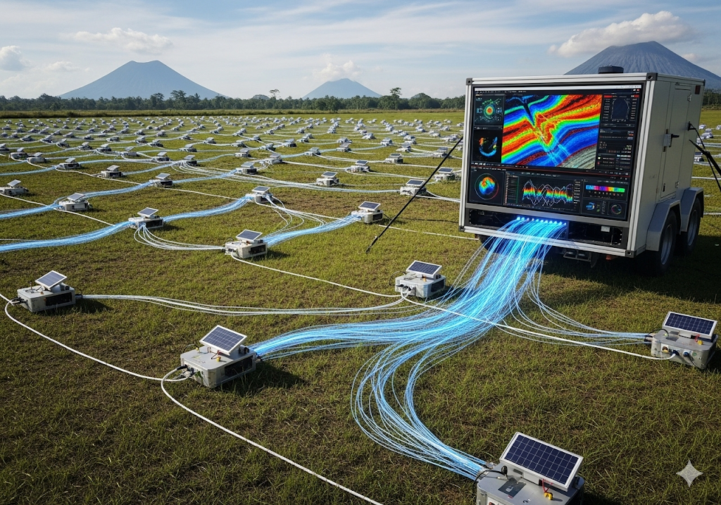02. Susunan sensor seismik yang kompleks di lapangan luas dan terbuka, dengan aliran data yang mengalir ke unit pemrosesan AI pusat