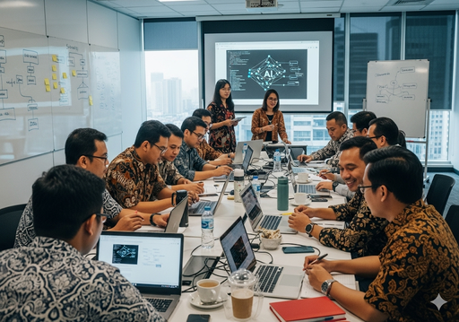 03. Anggota staf koperasi menghadiri lokakarya pelatihan AI, terlibat aktif dan belajar, dalam suasana kolaboratif dan memberdayakan