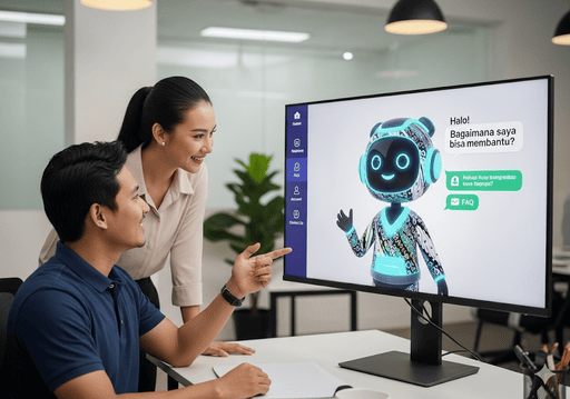 03. Avatar chatbot AI yang ramah berinteraksi dengan anggota koperasi di layar, memberikan bantuan instan, ramah dan membantu
