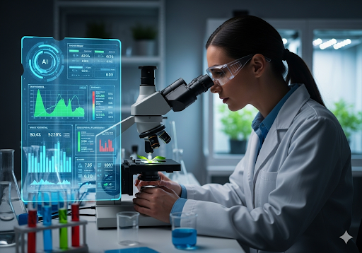 03. Di laboratorium, seorang ilmuwan meneliti tanaman di bawah mikroskop, dibantu oleh layar holografik yang menampilkan data AI