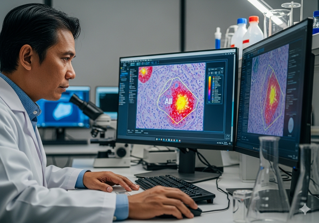 03. Dokter memeriksa slide digital pada monitor resolusi tinggi, dengan lapisan AI yang menyoroti sel dan struktur jaringan abnormal