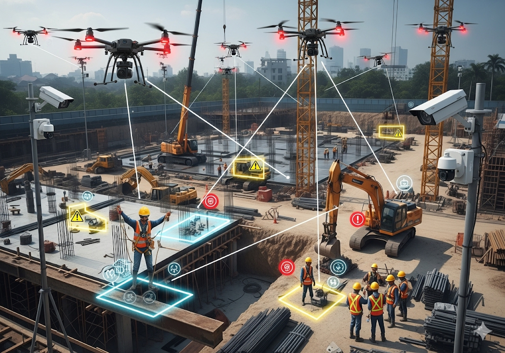 03. Drone dan kamera bertenaga AI yang memantau keselamatan, menyoroti potensi bahaya dan pekerja dalam posisi yang tidak aman