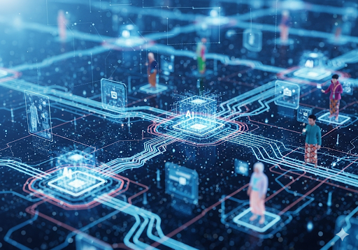 03. Jaringan kompleks sistem digital yang saling berhubungan, dengan modul AI yang terintegrasi secara mulus ke dalam infrastruktur yang ada
