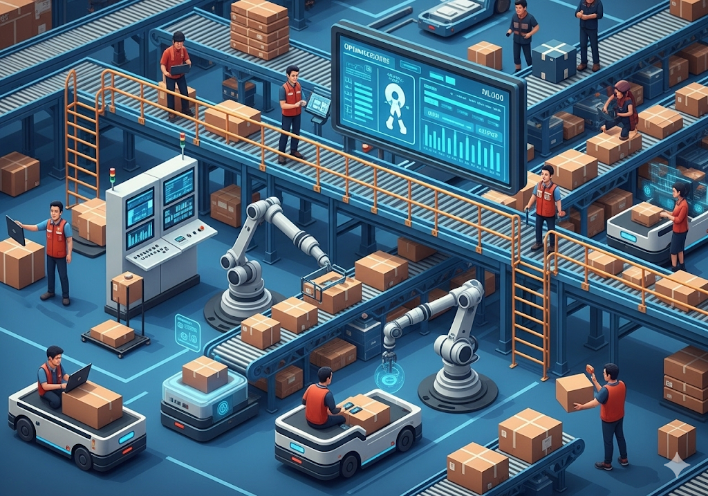 03. Jaringan rantai pasokan yang rumit dan saling terhubung dengan robot bertenaga AI dan kendaraan logistik pintar