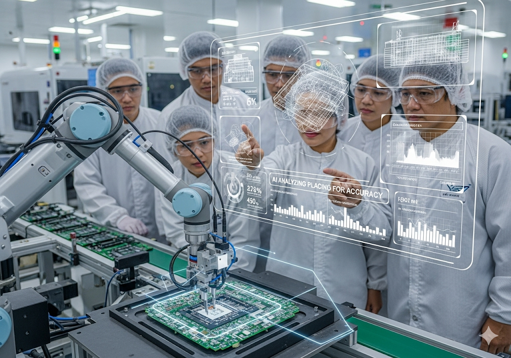 03. Lengan robot secara presisi menempatkan komponen elektronik kecil ke papan sirkuit