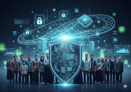 03. Perisai yang melindungi data pribadi, dengan algoritma AI yang bekerja untuk mengamankan privasi konsumen di lanskap digital