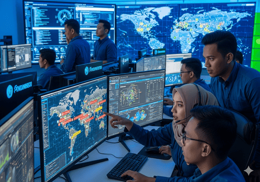 03. Pusat operasi keamanan siber untuk koperasi, dengan sistem AI yang menyoroti aktivitas mencurigakan di peta global