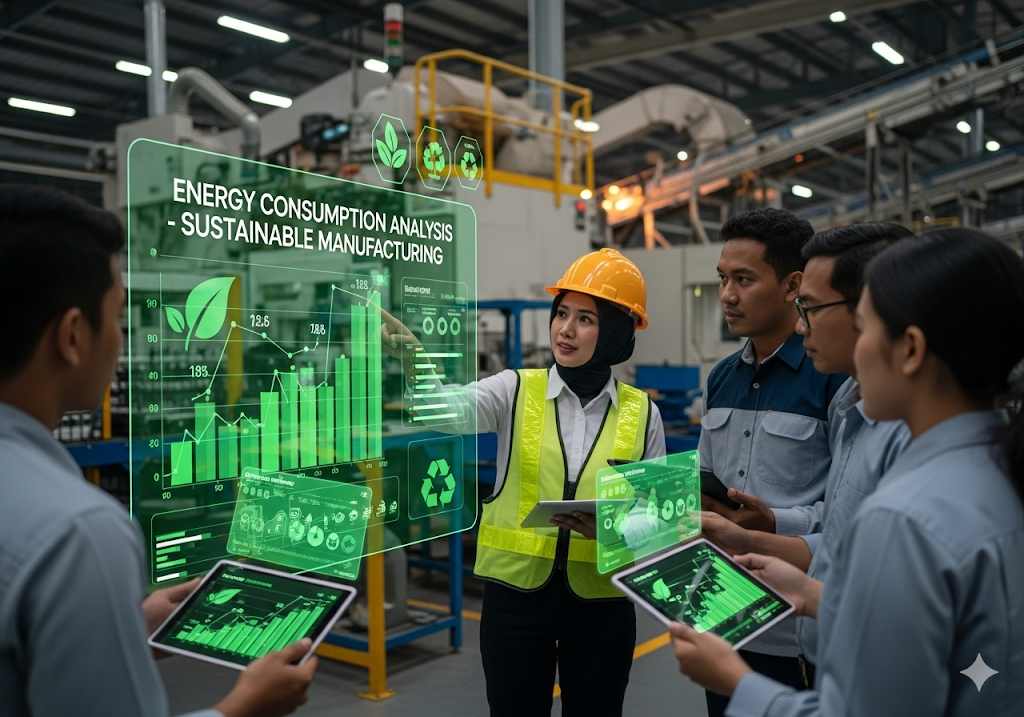 03. Representasi visual dari data konsumsi energi, dengan grafik hijau yang menunjukkan pengurangan penggunaan energi