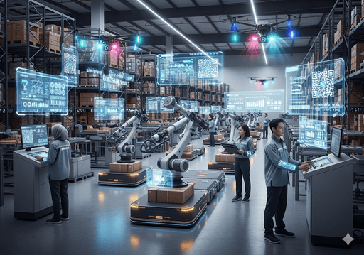03. Robot otomatis secara efisien memindahkan paket di gudang modern yang digerakkan oleh AI