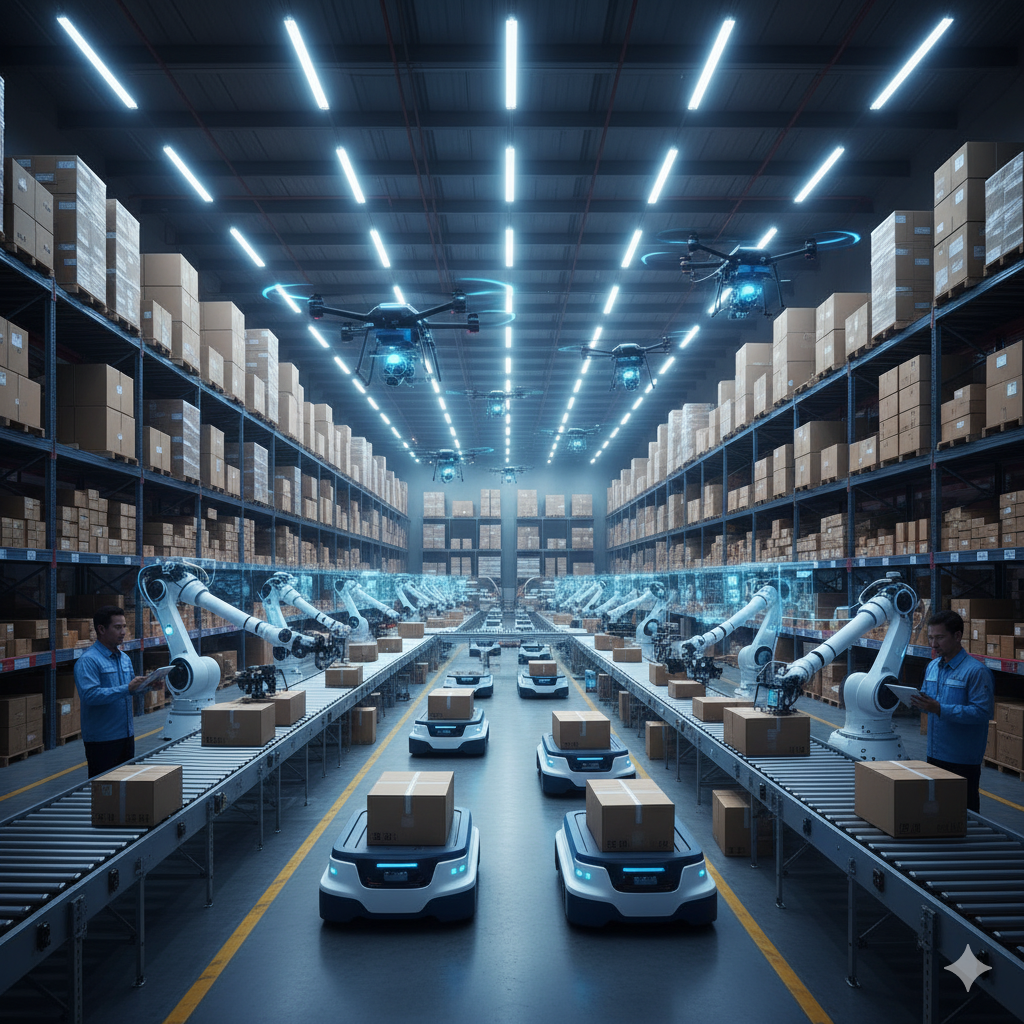 03. Robot otomatis secara efisien memindahkan paket di gudang modern yang digerakkan oleh AI