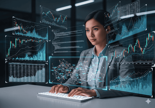 03. Seorang ilmuwan data menganalisis data keuangan yang kompleks dengan algoritme AI