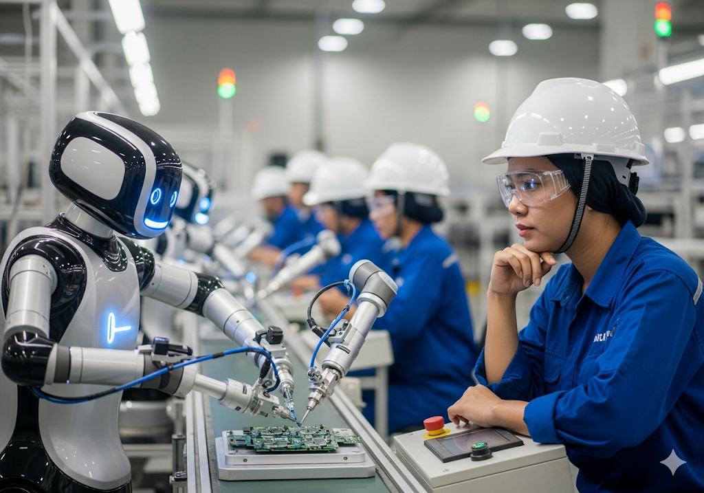 03. Seorang pekerja pabrik berkolaborasi dengan robot AI yang ramah dan canggih di jalur perakitan
