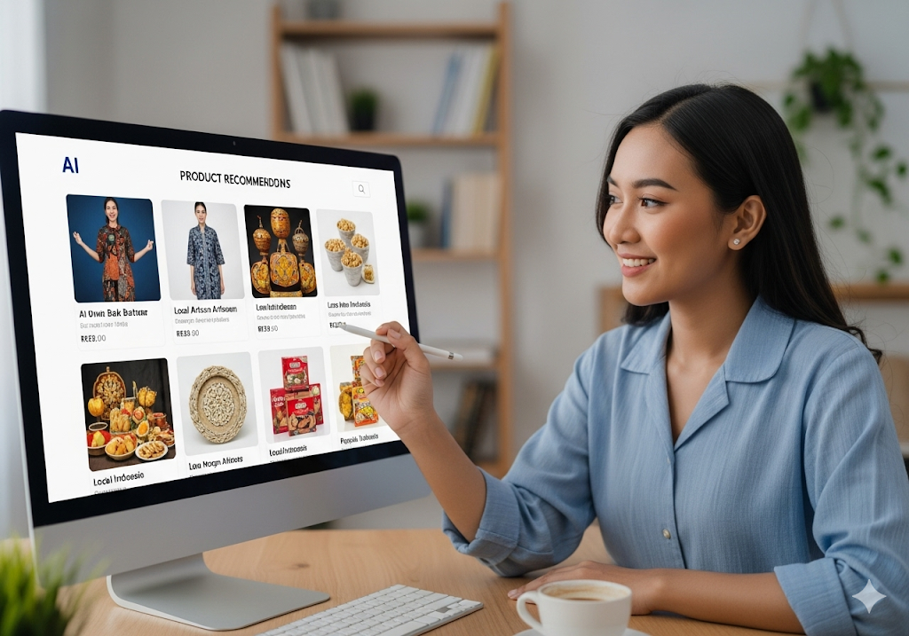 03. Seorang pelanggan dengan senang hati menjelajahi toko online yang dipersonalisasi dengan rekomendasi produk