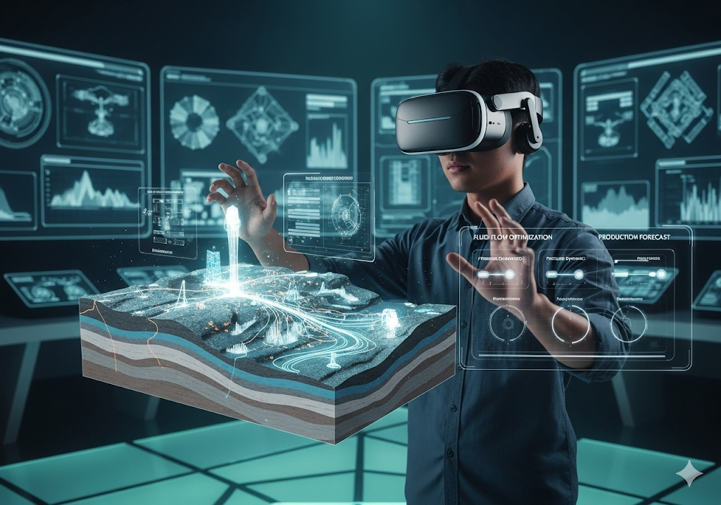 03. Simulasi realitas virtual dari reservoir minyak dan gas, menyesuaikan parameter untuk mengoptimalkan aliran fluida dan memprediksi hasil produksi