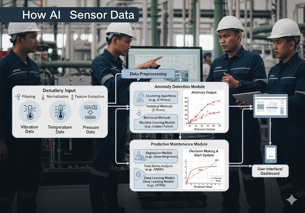 04. Diagram terperinci yang mengilustrasikan bagaimana AI memproses data sensor (getaran, suhu, tekanan) untuk mendeteksi anomali