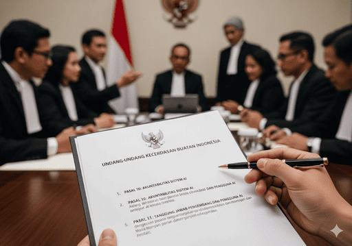 04. Dokumen hukum dengan klausul terkait AI, menekankan akuntabilitas dan tanggung jawab dalam pengembangan dan penerapan sistem AI