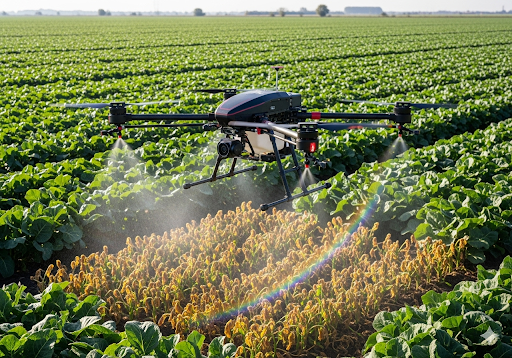 04. Drone kecil ini secara presisi menyemprotkan pestisida hanya pada area tanaman yang sakit