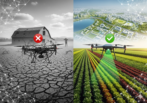 04. Gambar terpisah ini menunjukkan tantangan AI, seperti drone yang terjerat, di satu sisi, dan peluangnya