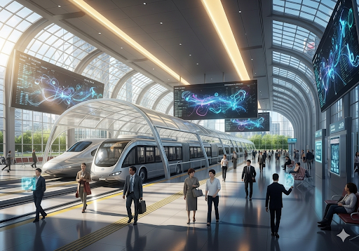 04. Hub transportasi publik futuristik yang terintegrasi dengan sistem AI untuk efisiensi mobilitas