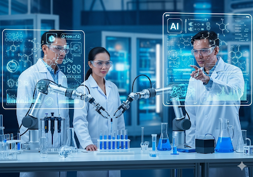 04. Lengan robotik dengan presisi menangani tabung reaksi dan peralatan laboratorium di laboratorium otomatis