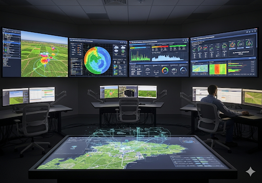 04. Ruang kontrol pusat untuk perkebunan besar, dengan beberapa layar yang menampilkan data terintegrasi dari sistem irigasi