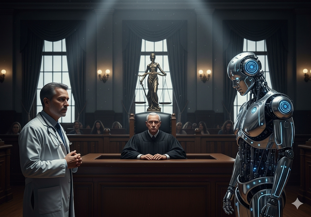 04. Sebuah adegan di ruang sidang dengan seorang hakim, seorang dokter, dan sebuah robot AI