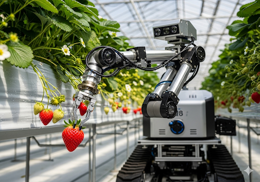 04. Sebuah gambar hiper-realistis dari sebuah robot otonom yang memanen stroberi matang di dalam rumah kaca