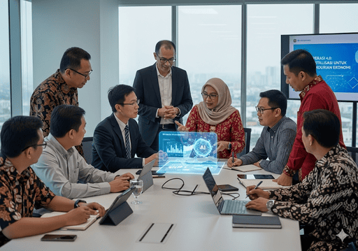 04. Sekelompok anggota koperasi dan pakar AI berkolaborasi di ruang pertemuan modern