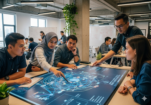 04. Sekelompok insinyur dan ilmuwan data yang bekerja secara kolaboratif di kantor teknologi modern